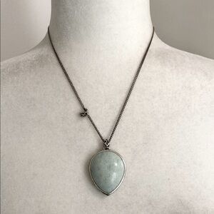 Fossil Mint Green Teardrop Stone Silver Necklace with Birdie Charm Vintage